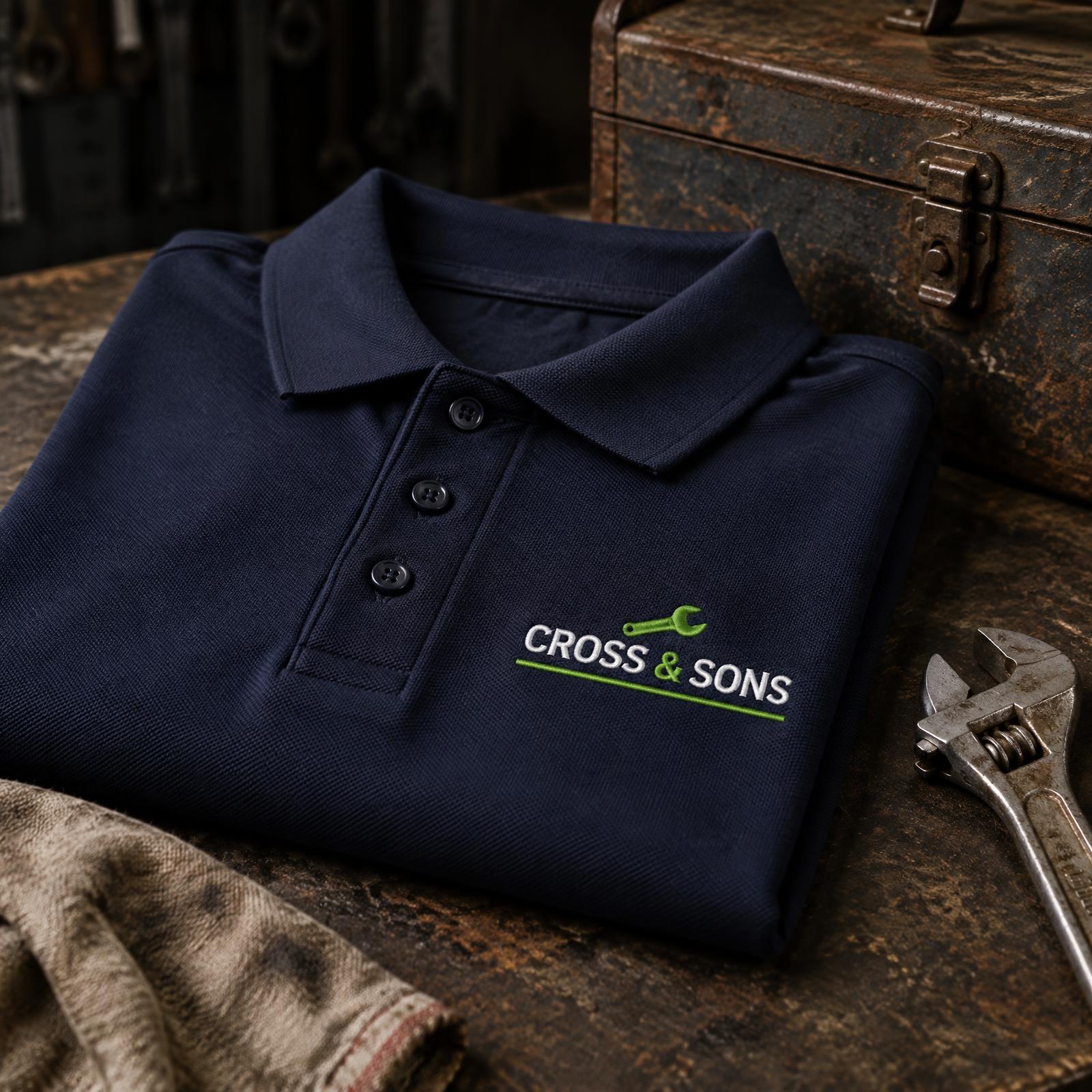 Close-up of stitching on a navy work polo