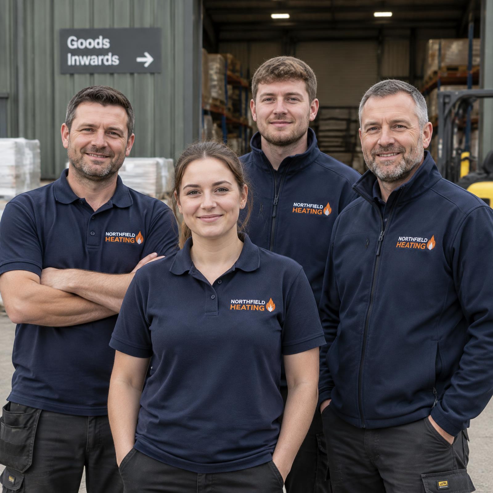 Four people modelling coordinated navy polos and softshell jackets outside a workplace