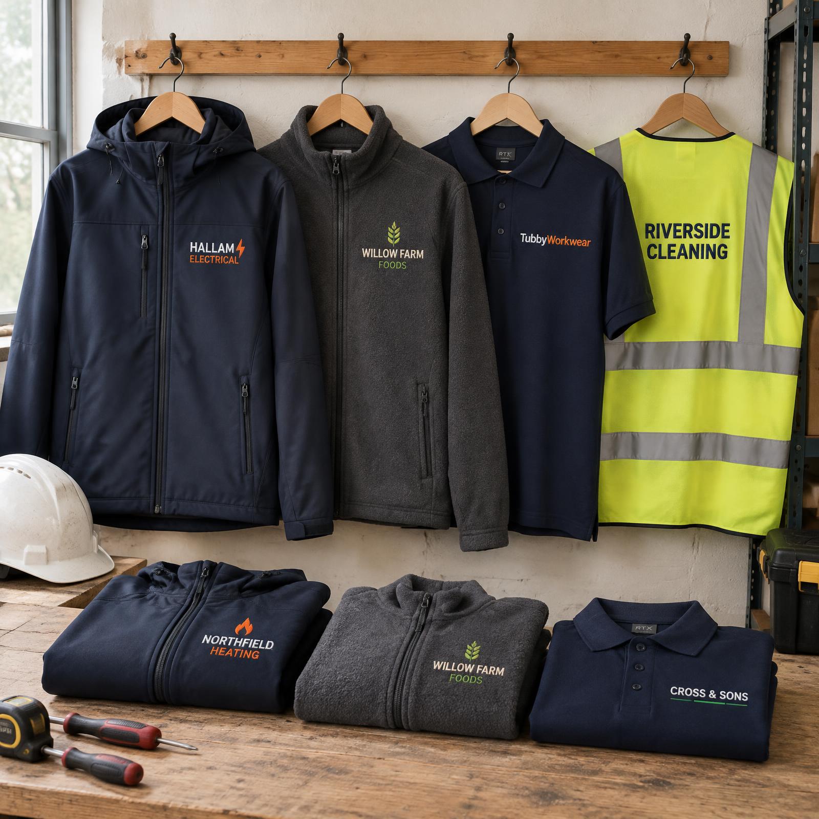 Jackets, fleece, polo and hi-vis garments arranged together